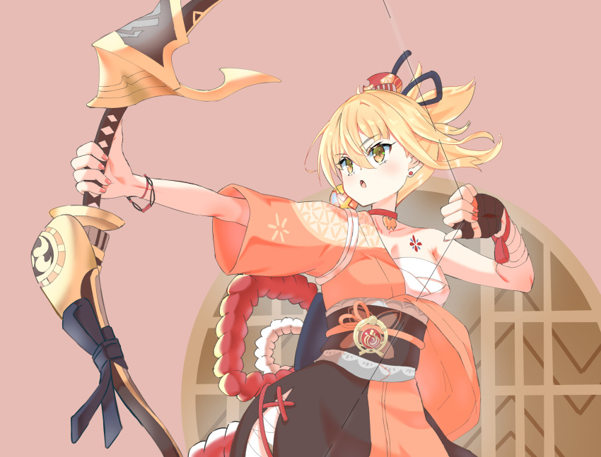 1girl, bandaged_arm, bandages, blonde_hair, bow_(weapon), breasts, butterfly_choker, cakuiti