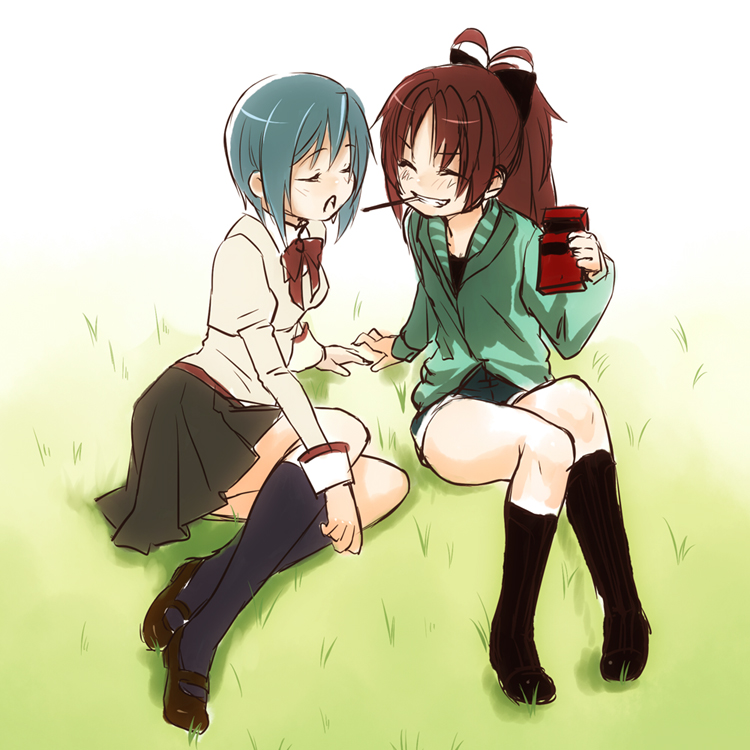 blue_hair, closed_eyes, grass, grin, long_hair, mahou_shoujo_madoka_magica, miki_sayaka, multiple_girls