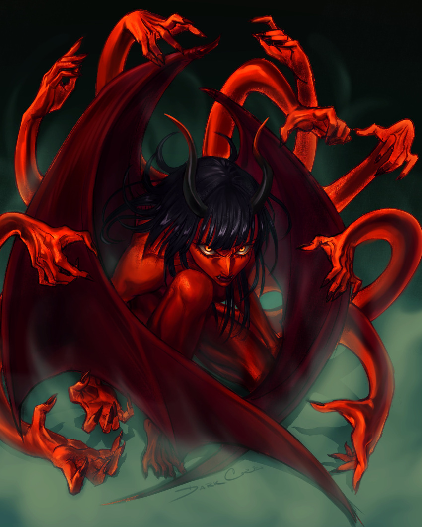 1girl, absurdres, black_background, black_hair, blunt_bangs, colored_skin, commentary, darkcore2943