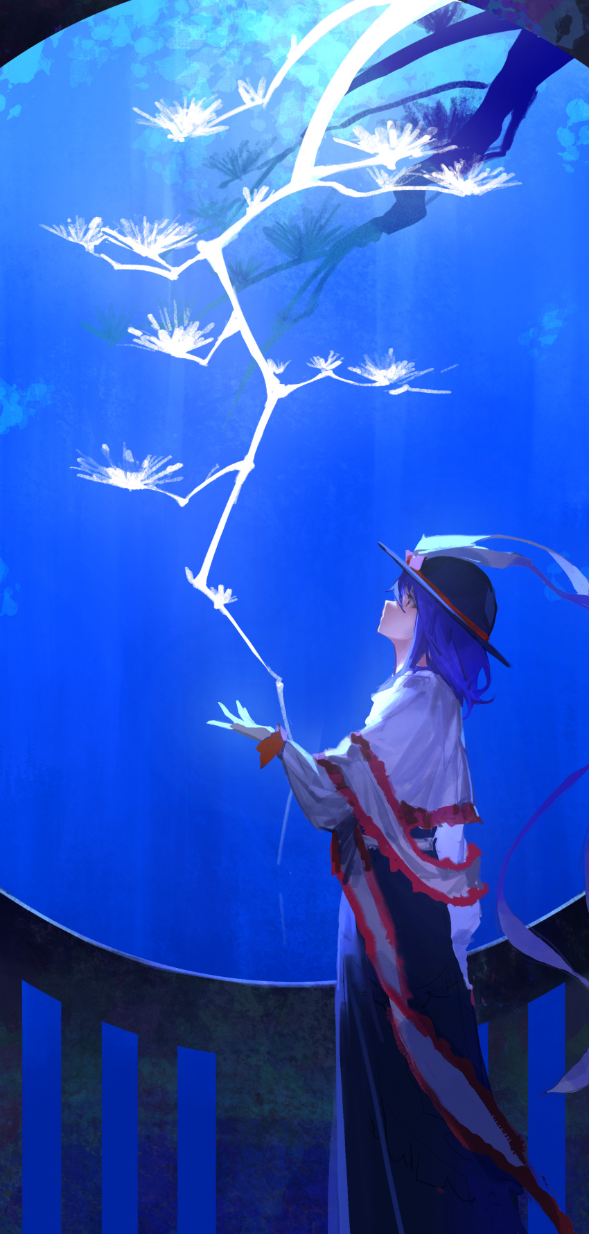 1girl, absurdres, black_hat, black_skirt, blue_background, bow, branch, capelet