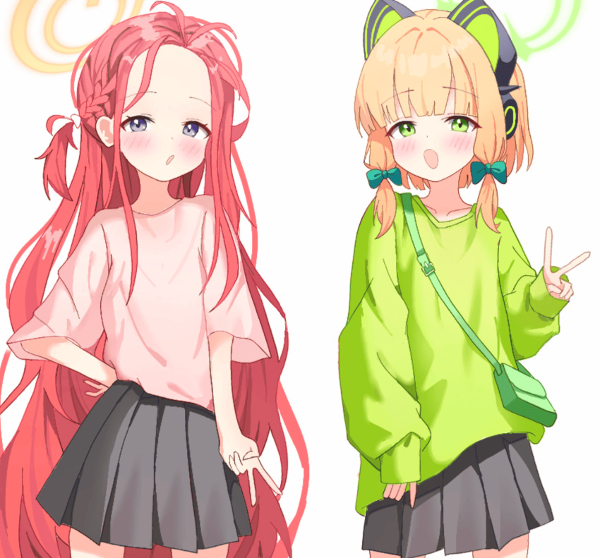 2girls, animal_ear_headphones, animal_ears, bag, black_skirt, blonde_hair, blue_archive, blue_bow
