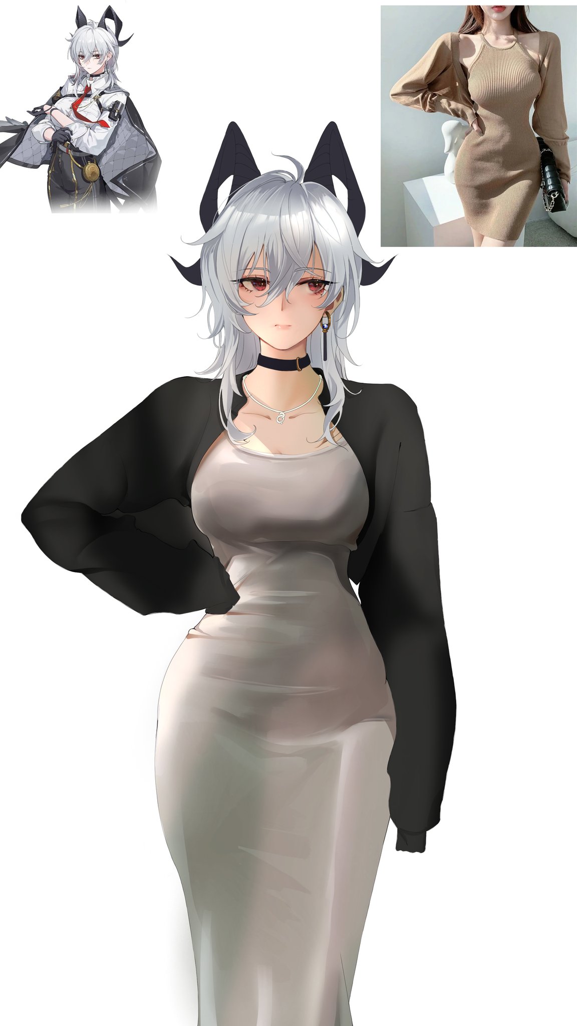 1girl, av_artwork, breasts, choker, clothing_cutout, collarbone, dress, earrings