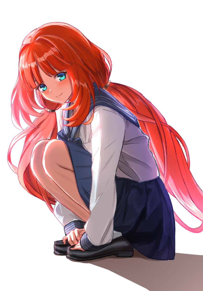 1girl, absurdres, alternate_costume, black_shoes, blue_eyes, blue_sailor_collar, blue_skirt, blush, closed_mouth, commentary, contemporary, from_behind, full_body, genshin_impact, highres, hobio, long_hair, long_sleeves, low_twintails, nilou_(genshin_impact), pleated_skirt, red_hair, sailor_collar, school_uniform, serafuku, shadow, shirt, shoes, simple_background, skirt, smile, socks, solo, squatting, twintails, very_long_hair, white_background, white_shirt, white_socks