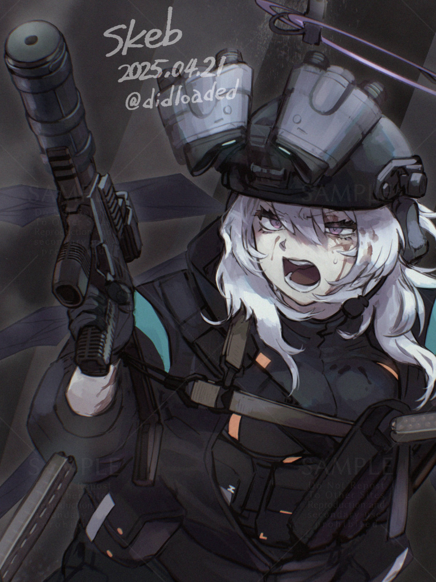 1girl, absurdres, b&amp;t_mp9, blood, blood_on_face, combat_helmet, commission, dated