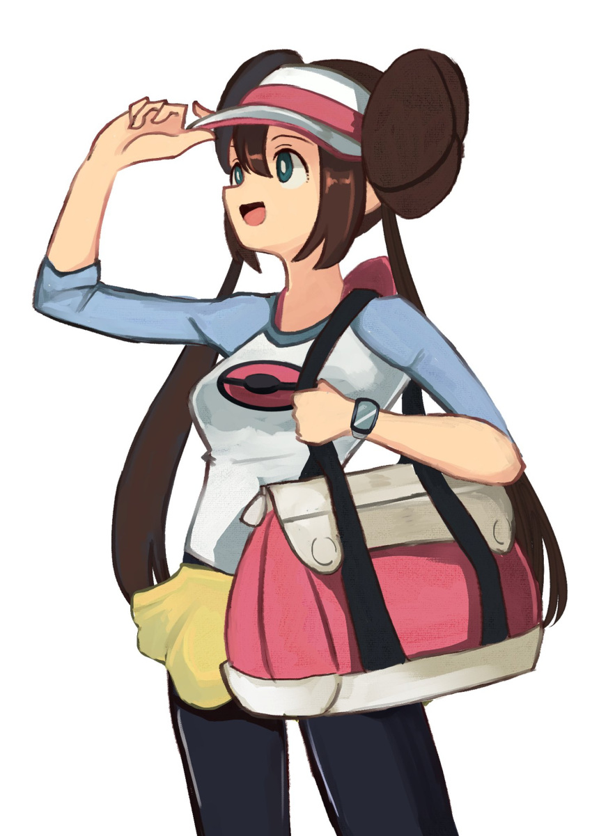 1girl, :d, bag, black_pantyhose, double_bun, duffel_bag, hair_bun, highres, holding, holding_bag, long_hair, looking_up, open_mouth, pantyhose, pink_bag, pokemon, pokemon_bw2, rosa_(pokemon), shorts, smile, solo, three-quarter_sleeves, tikuwabu_33, twintails, visor_cap, white_background, yellow_shorts