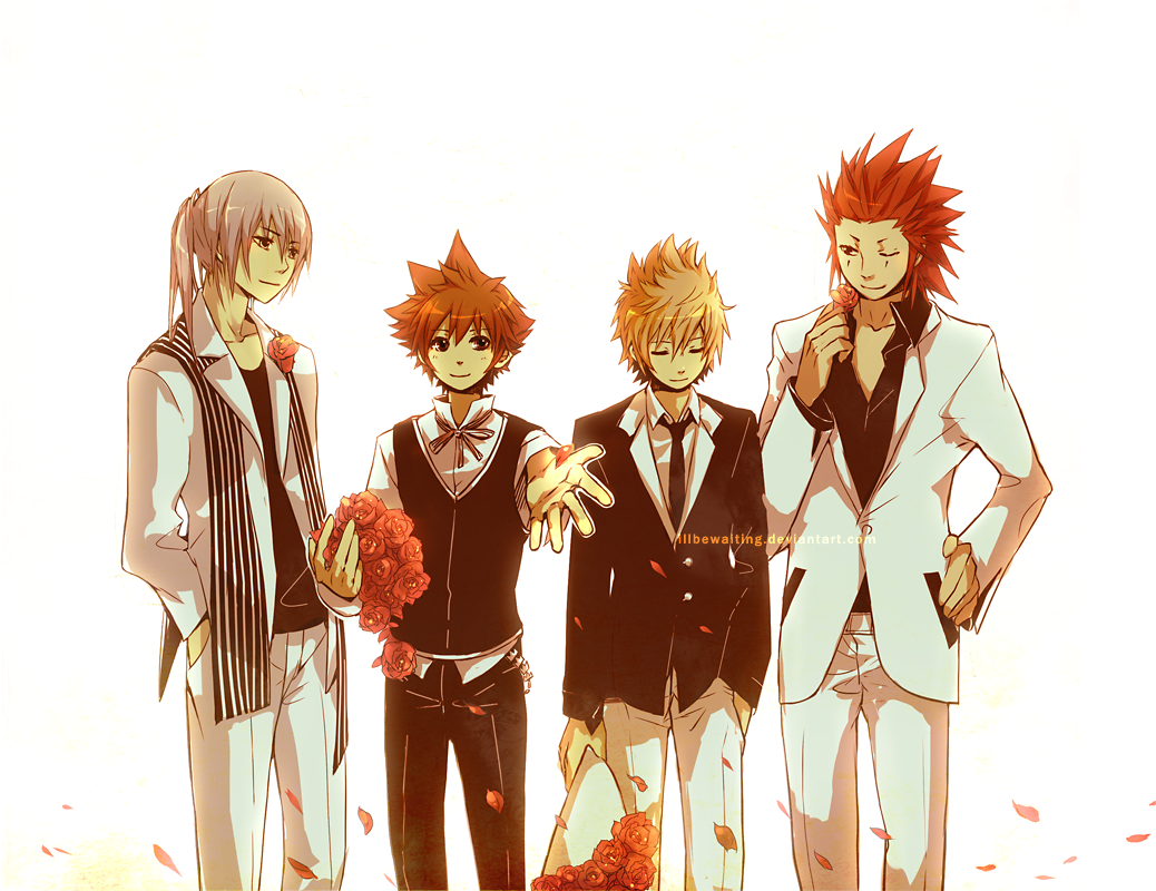 4boys, axel_(kingdom_hearts), blonde_hair, bouquet, brown_hair, closed_eyes, english_commentary, facial_mark