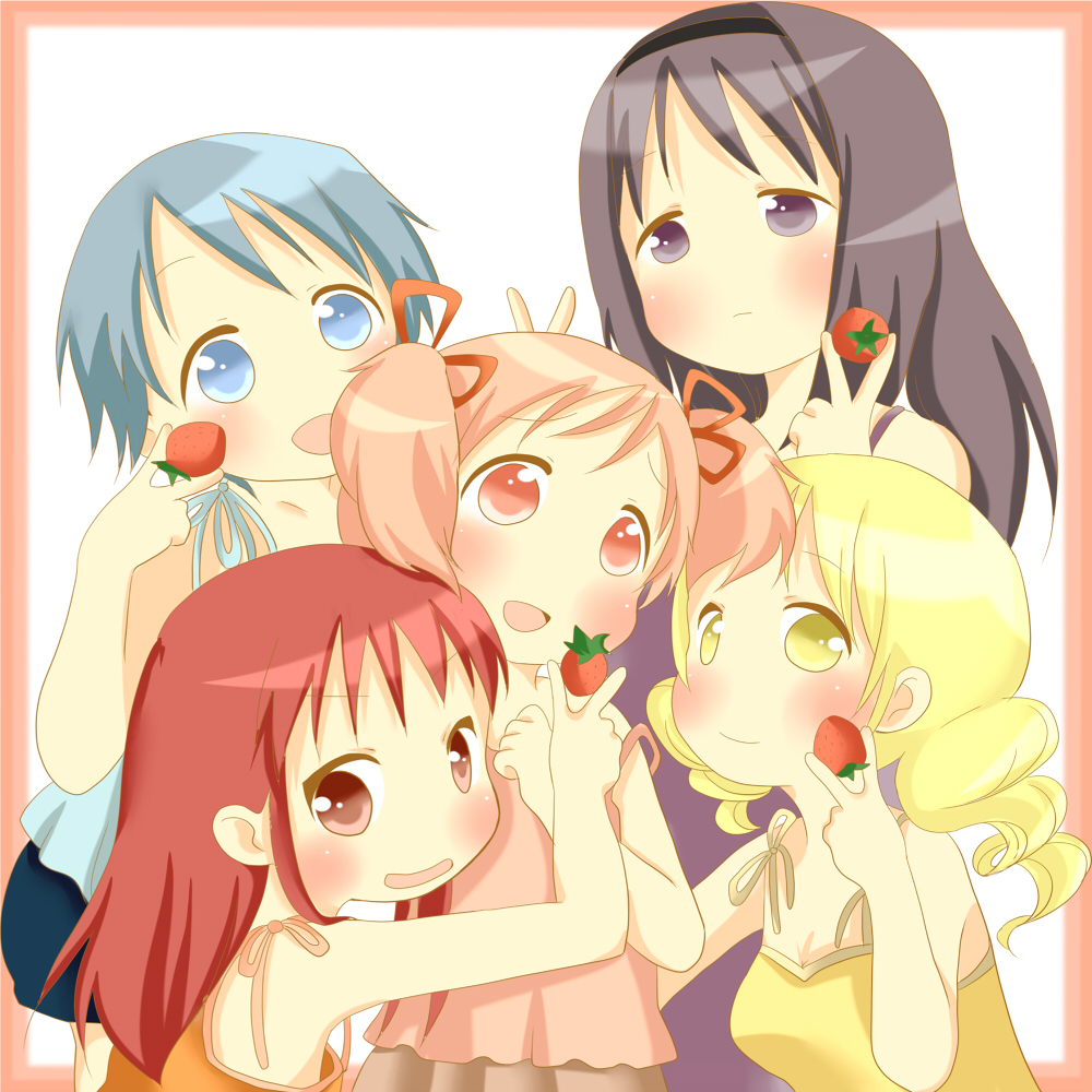 akemi_homura, bare_shoulders, black_hair, blonde_hair, blue_eyes, blue_hair, blush, border