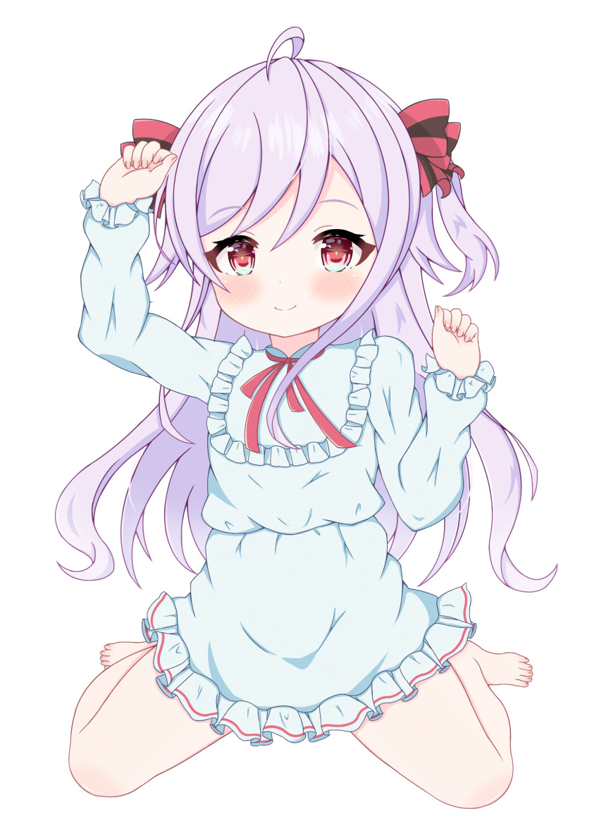 1girl, :d, ahoge, barefoot, blush, bow, closed_mouth, dress