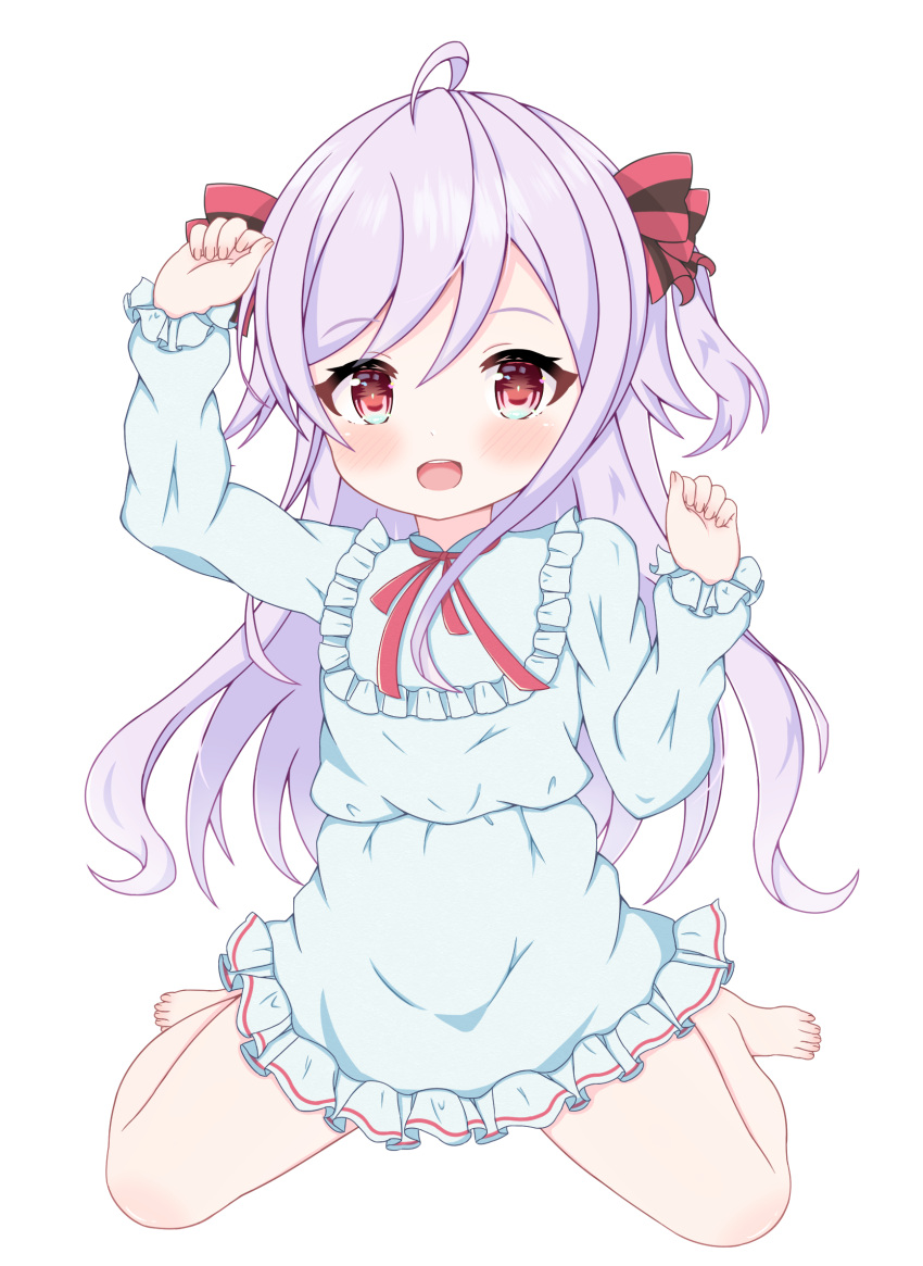 1girl, :d, ahoge, barefoot, blush, bow, dress, flat_chest