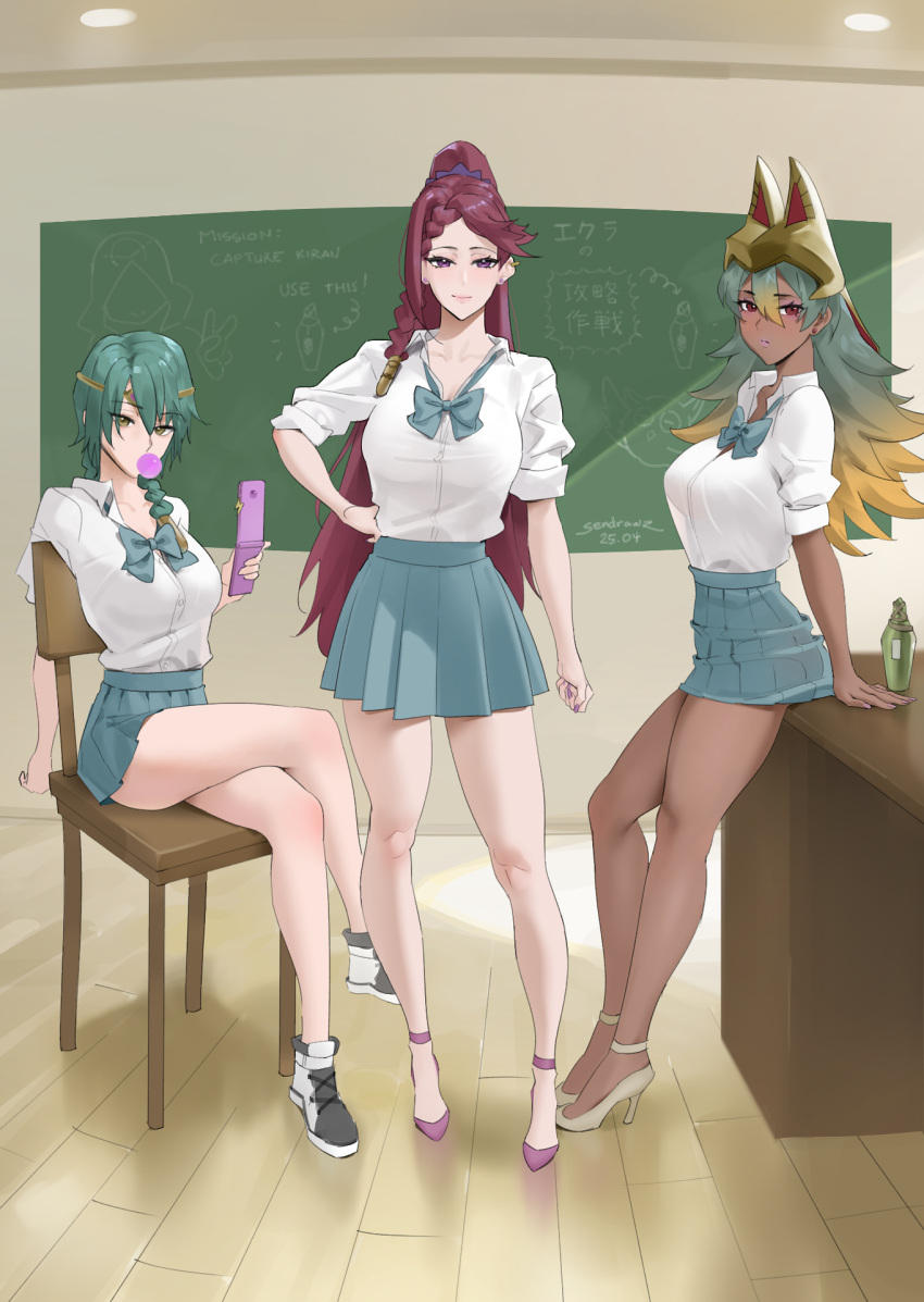 3girls, breasts, contemporary, crossed_legs, dark-skinned_female, dark_skin, feh_(fire_emblem_heroes), fire_emblem