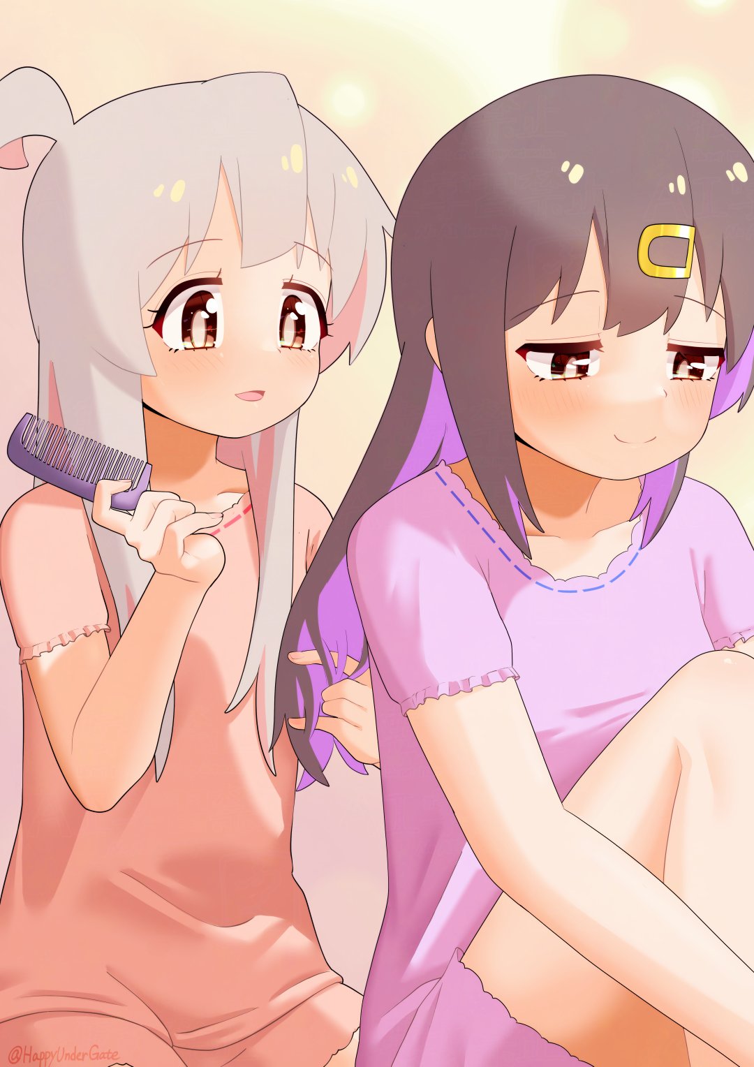 ahoge, bare_arms, bare_legs, black_hair, blush, brown_eyes, colored_inner_hair, comb