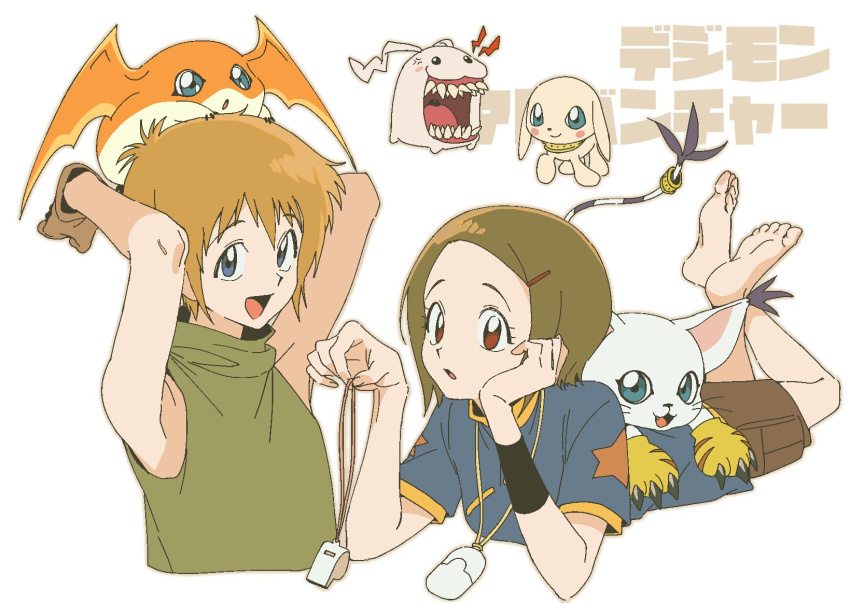 arms_up, barefoot, brown_gloves, brown_hair, cat, cosplay, digimon, digimon_(creature)