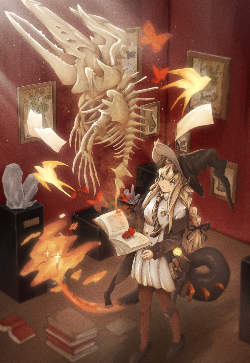 1girl, absurdres, animal_skeleton, arknights, black_hat, black_horns, black_jacket, black_necktie