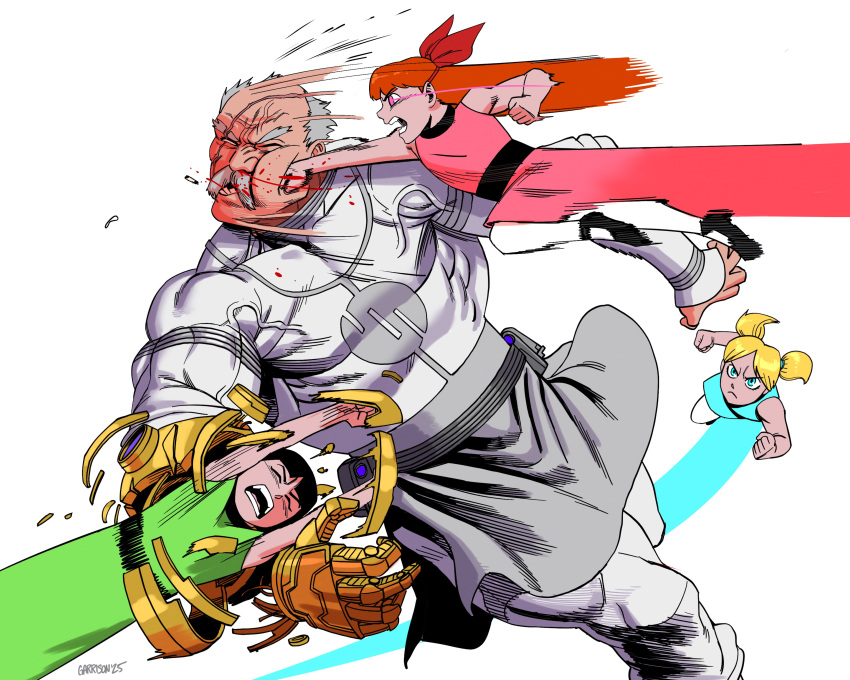 1boy, 3girls, absurdres, black_hair, black_shoes, blonde_hair, blood, blossom_(ppg)