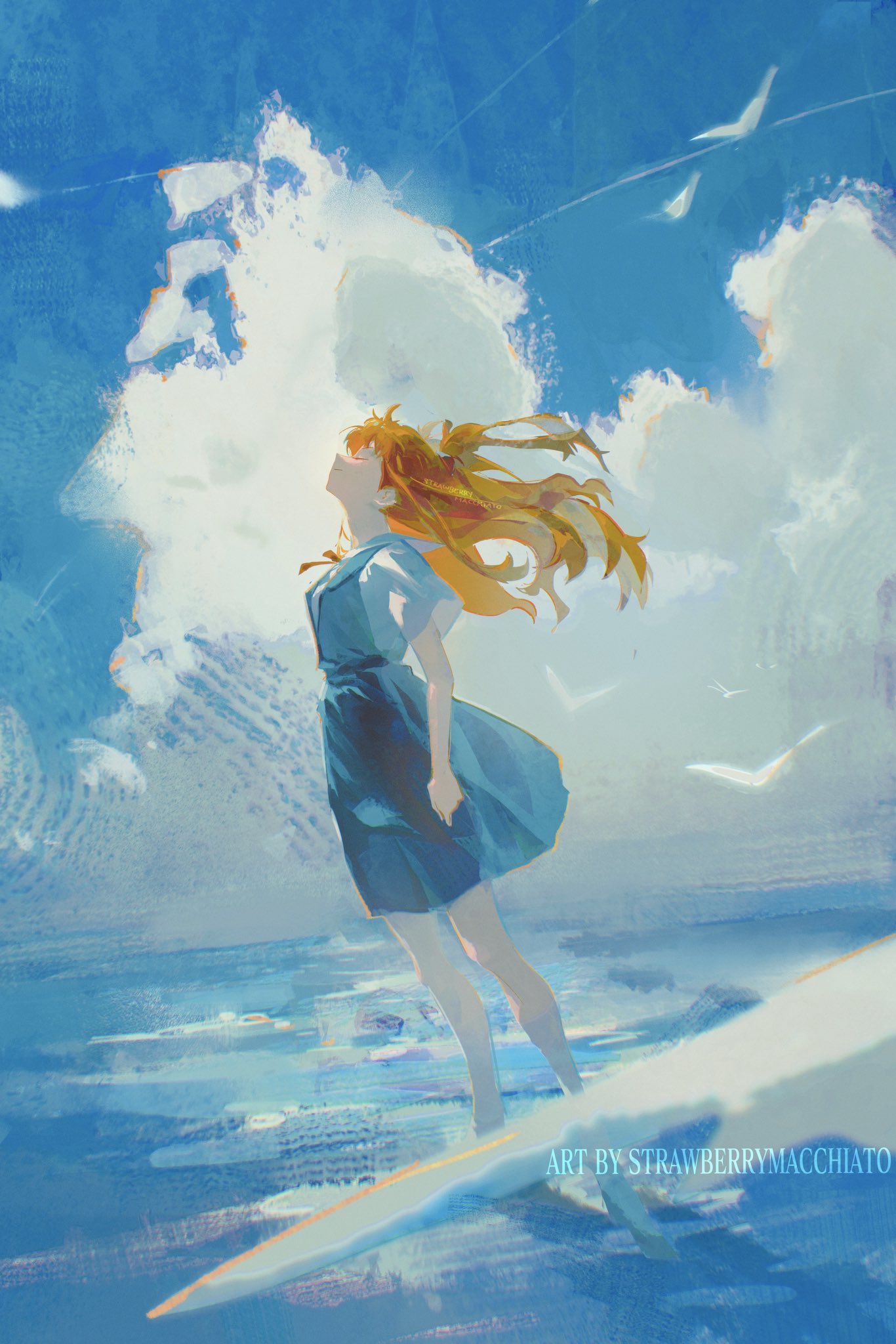 1girl, artist_name, blue_skirt, blue_sky, closed_eyes, closed_mouth, clouds, commentary