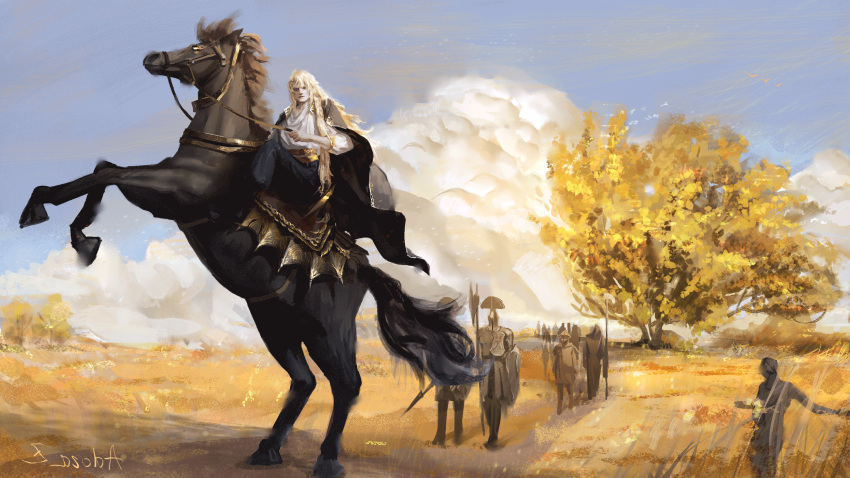 1boy, absurdres, adora_zhang, armor, artist_name, autumn_leaves, black_cape, black_horse