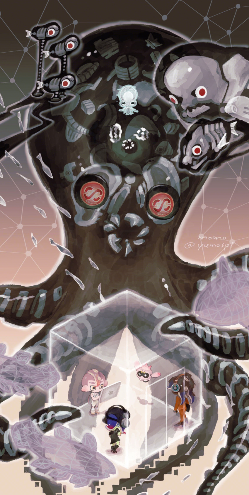 1boy, 2girls, agent_8_(splatoon), artist_name, baseball_cap, battering_lento, black_background, black_boots