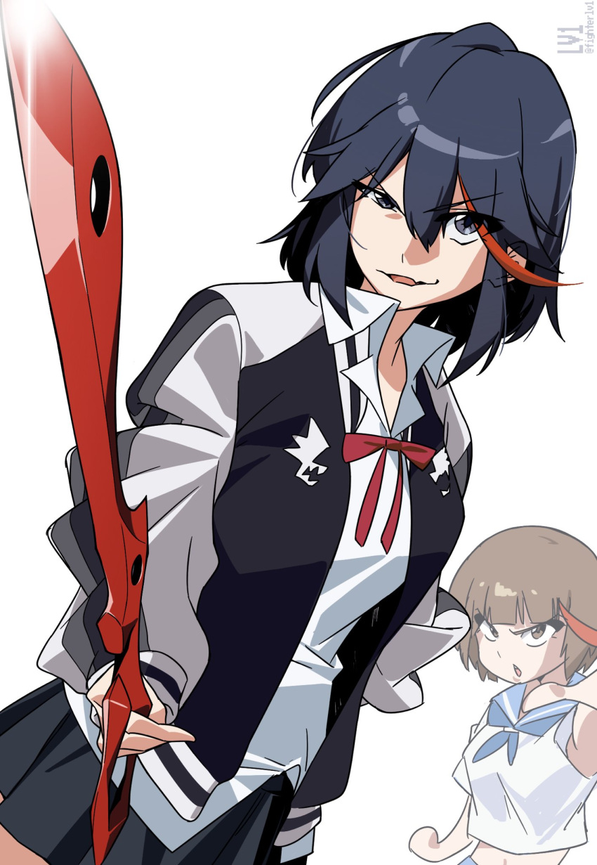 2girls, black_hair, black_jacket, black_skirt, blue_sailor_collar, blunt_bangs, brown_eyes, brown_hair
