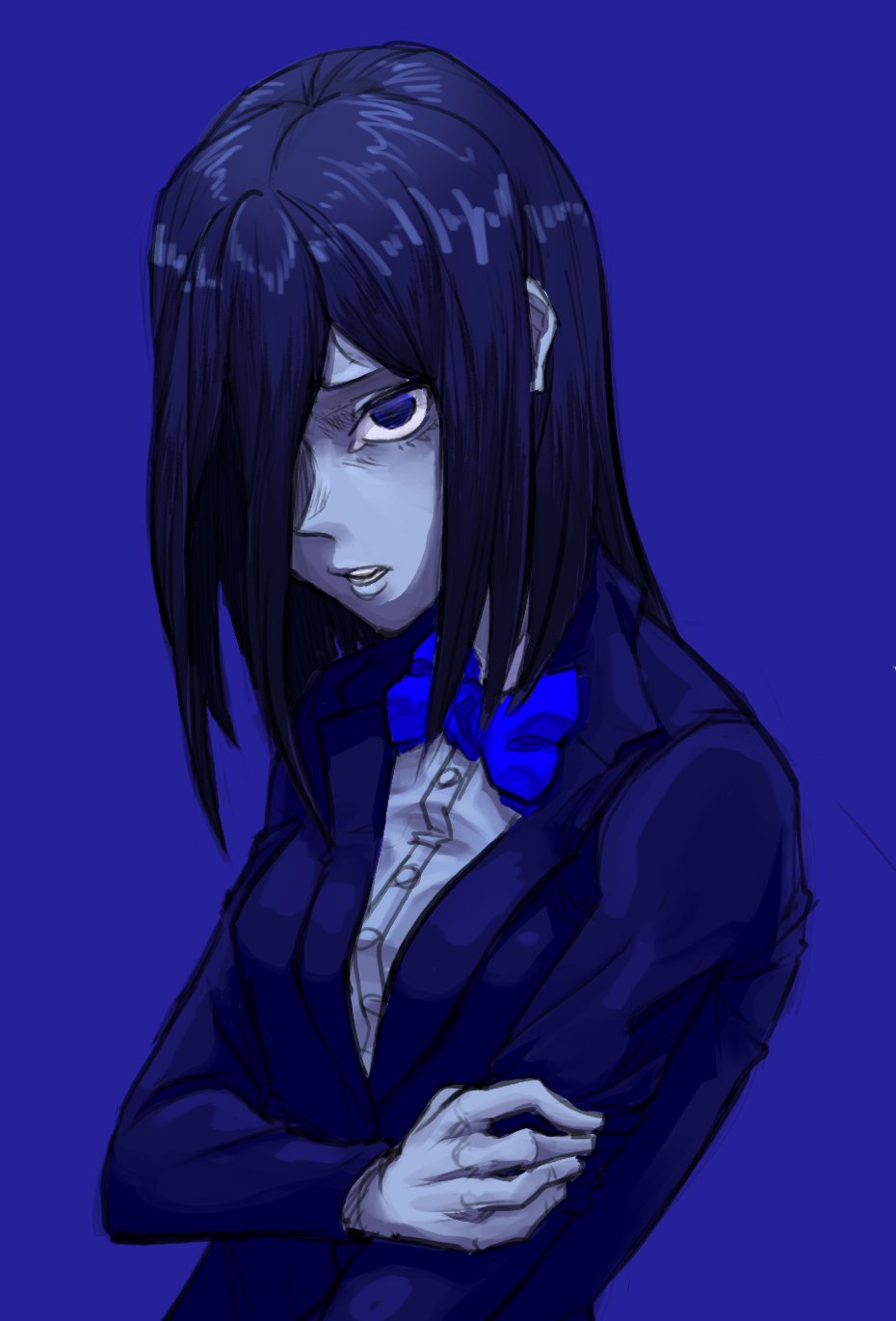 1girl, blue_background, blue_bow, blue_bowtie, blue_eyes, blue_jacket, bow, bowtie