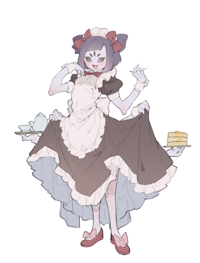 1girl, :d, apron, arthropod_girl, black_dress, black_eyes, blush, bow