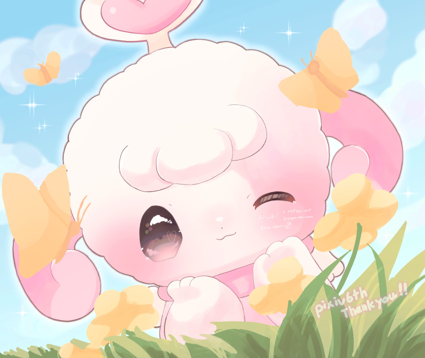 :3, absurdres, anniversary, brown_eyes, bug, butterfly, clouds, commentary_request