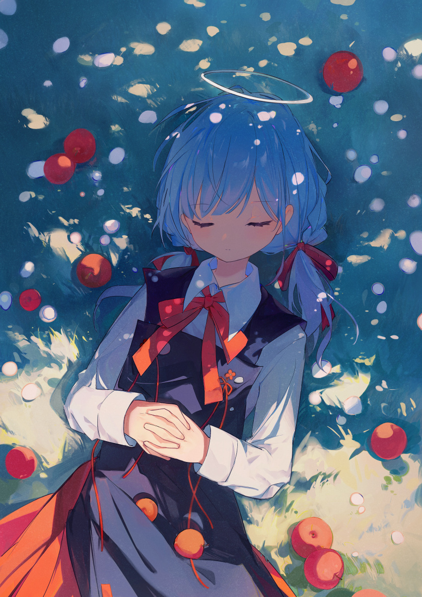 1girl, absurdres, amano_(amn_amn), apple, black_dress, bow, bowtie, braid