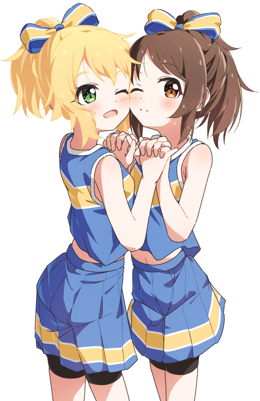 2girls, bare_arms, bare_shoulders, bike_shorts_under_skirt, blonde_hair, blue_shirt, blue_skirt, blush