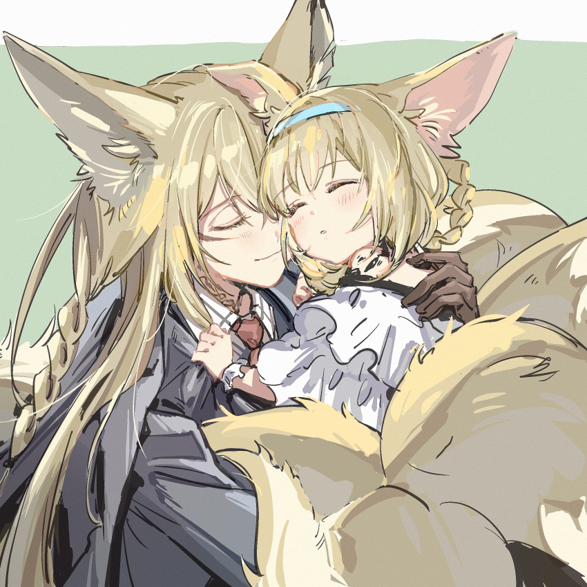 2girls, akekaede824, animal_ears, arknights, bare_shoulders, blonde_hair, blue_hairband, braid, carrying, carrying_person, closed_eyes, closed_mouth, commentary, green_background, hair_rings, hairband, heads_together, highres, hug, long_hair, mother_and_daughter, multiple_girls, multiple_tails, parted_lips, scar, scar_on_cheek, scar_on_face, short_hair, simple_background, sleeping, smile, suzuran_(arknights), tail, vulpisfoglia_(arknights), yellow_tail