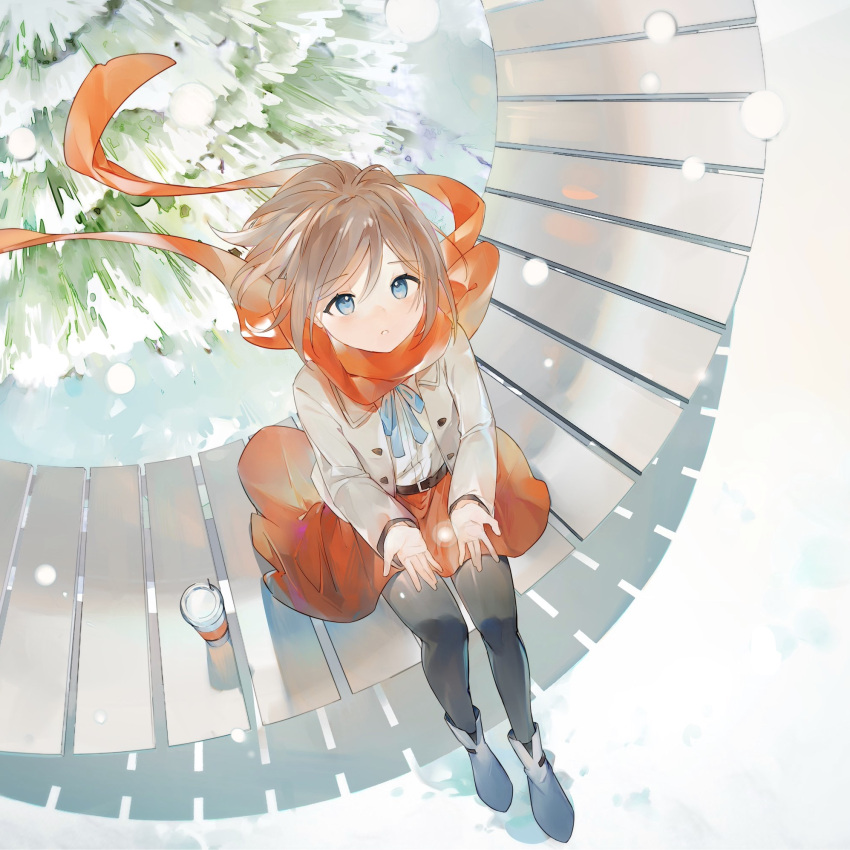 1girl, amano_(amn_amn), ankle_boots, belt, bench, black_belt, black_pantyhose, blue_eyes