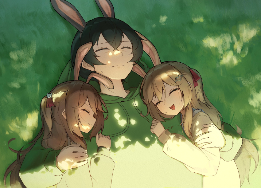 1boy, 2girls, :3, :d, animal_ears, black_hair, brown_hair, cardigan