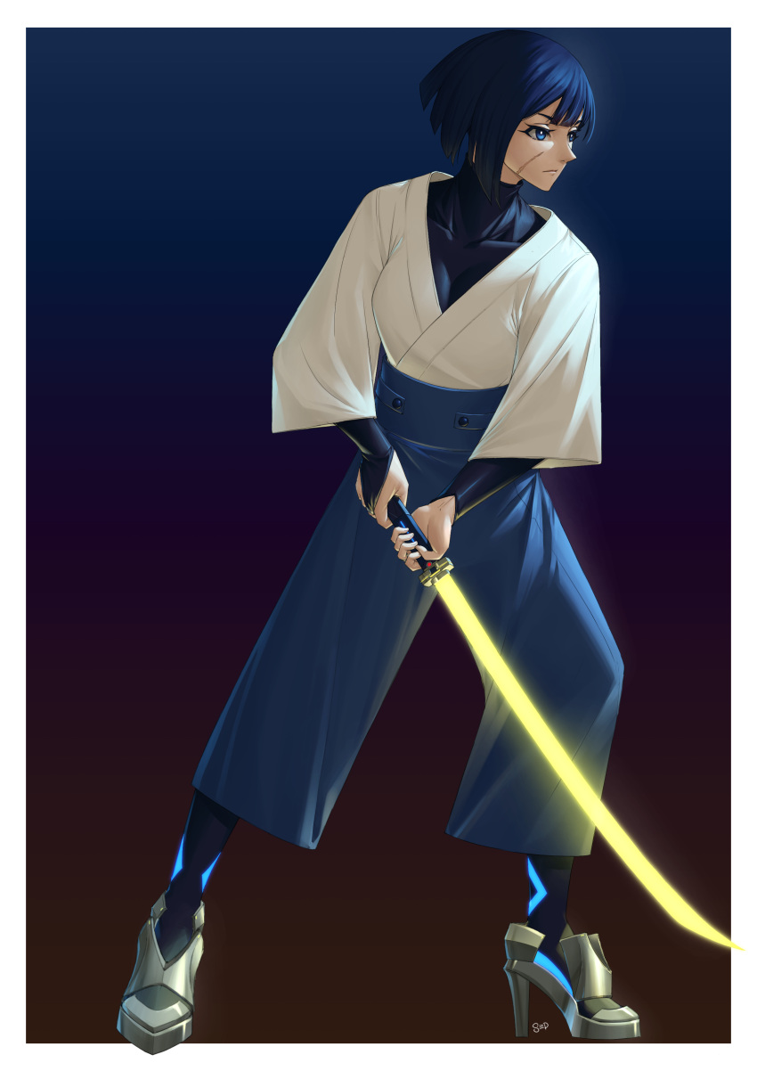 1girl, absurdres, black_hair, breasts, energy_sword, f_(star_wars), hakama, high_heels