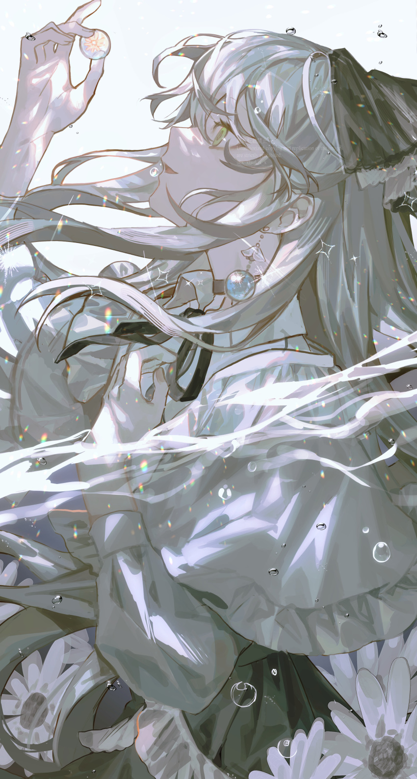 1girl, absurdres, air_bubble, black_ribbon, black_skirt, bubble, capelet, commentary_request