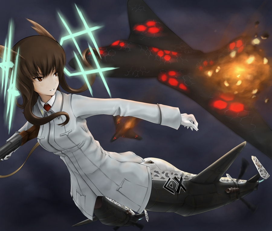 black_legwear, black_pantyhose, brown_eyes, brown_hair, gun, he_219, hirschgeweih_antennas, military, military_uniform, neuroi, original, panties, panties_under_pantyhose, pantyhose, sky, strike_witches, striker_unit, tom-neko_(zamudo_akiyuki), underwear, uniform, verena_streib, weapon, zamudo_akiyuki