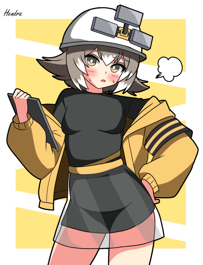 1girl, absurdres, arknights, artist_name, black_outline, black_shirt, black_skirt, blush