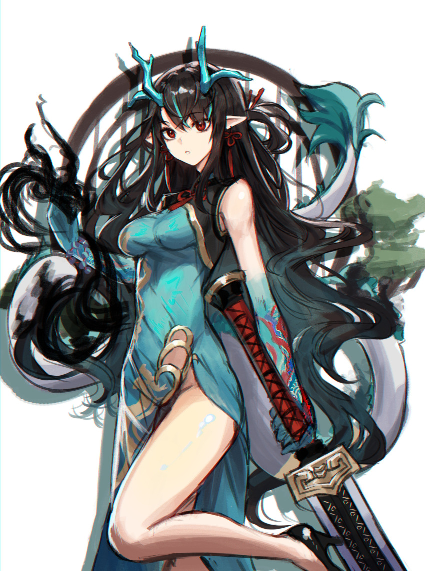 1girl, absurdres, arknights, black_hair, china_dress, chinese_clothes, colored_extremities, colored_skin