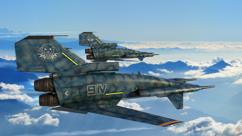 3d, afterburner, aircraft, airplane, black_panther, camouflage, canards, clouds