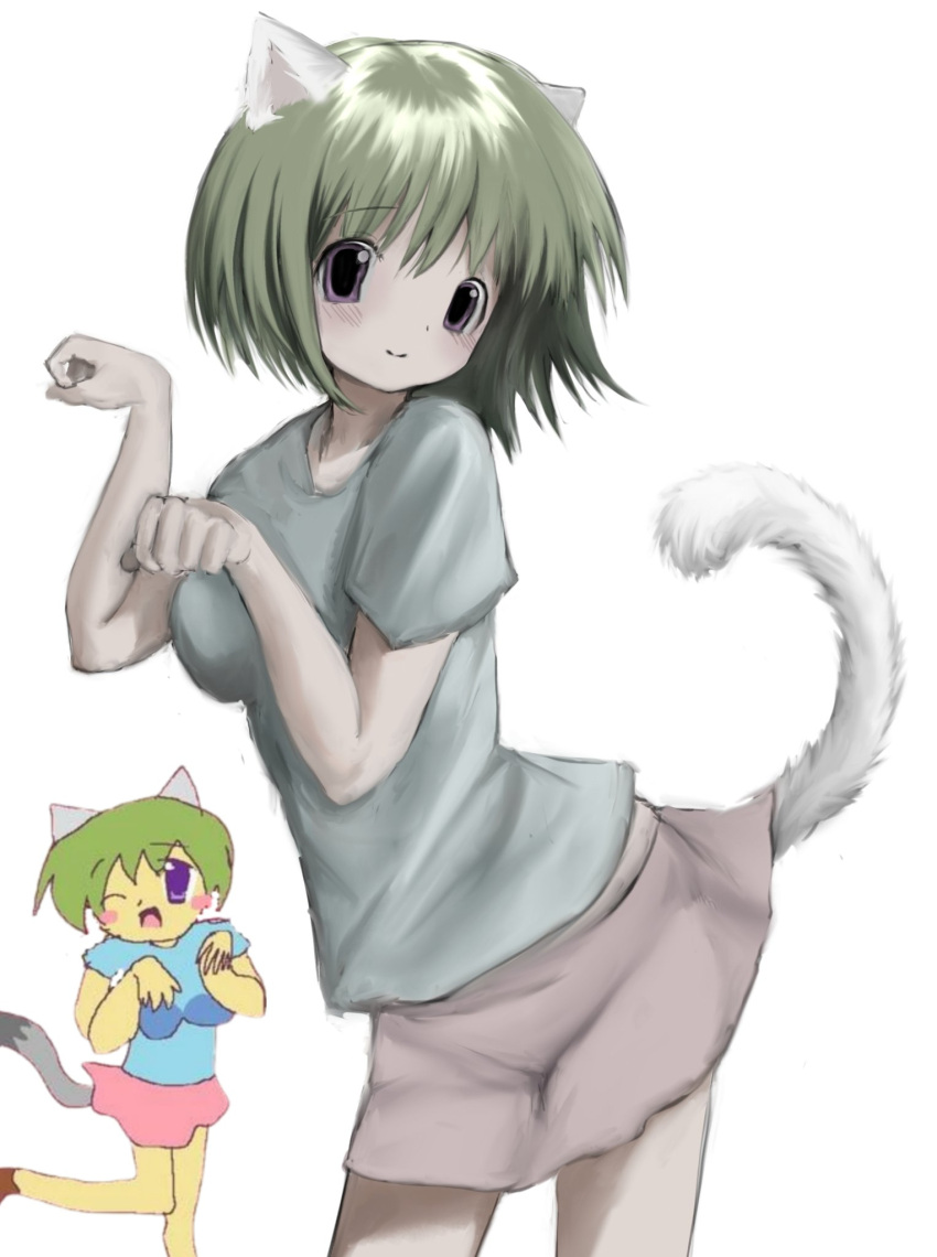 1girl, animal_ears, blue_shirt, blush, breasts, cat_ears, cat_girl, cat_tail