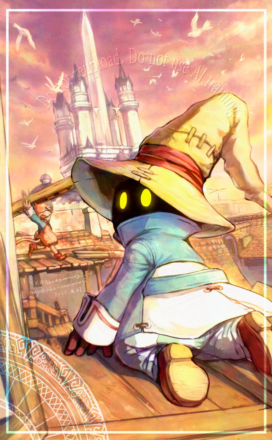 2boys, akatamanegi_ill, black_mage_(final_fantasy), blue_coat, boots, brown_boots, brown_gloves, castle