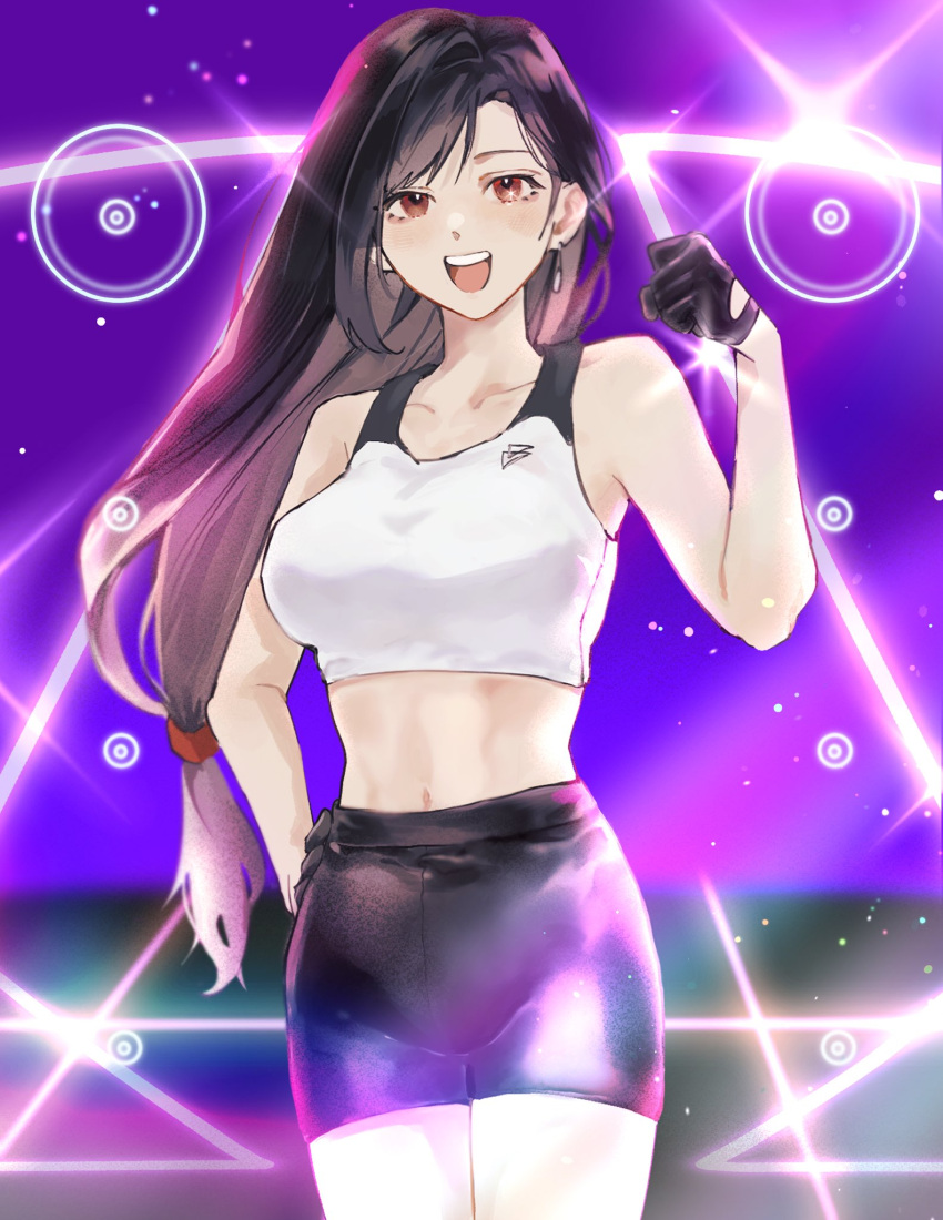 1girl, alternate_costume, bare_shoulders, black_gloves, black_hair, black_skirt, breasts, clenched_hand