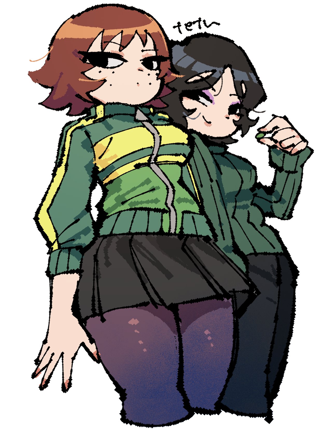 2girls, black_eyes, black_hair, black_pants, black_skirt, breasts, brown_hair, commentary