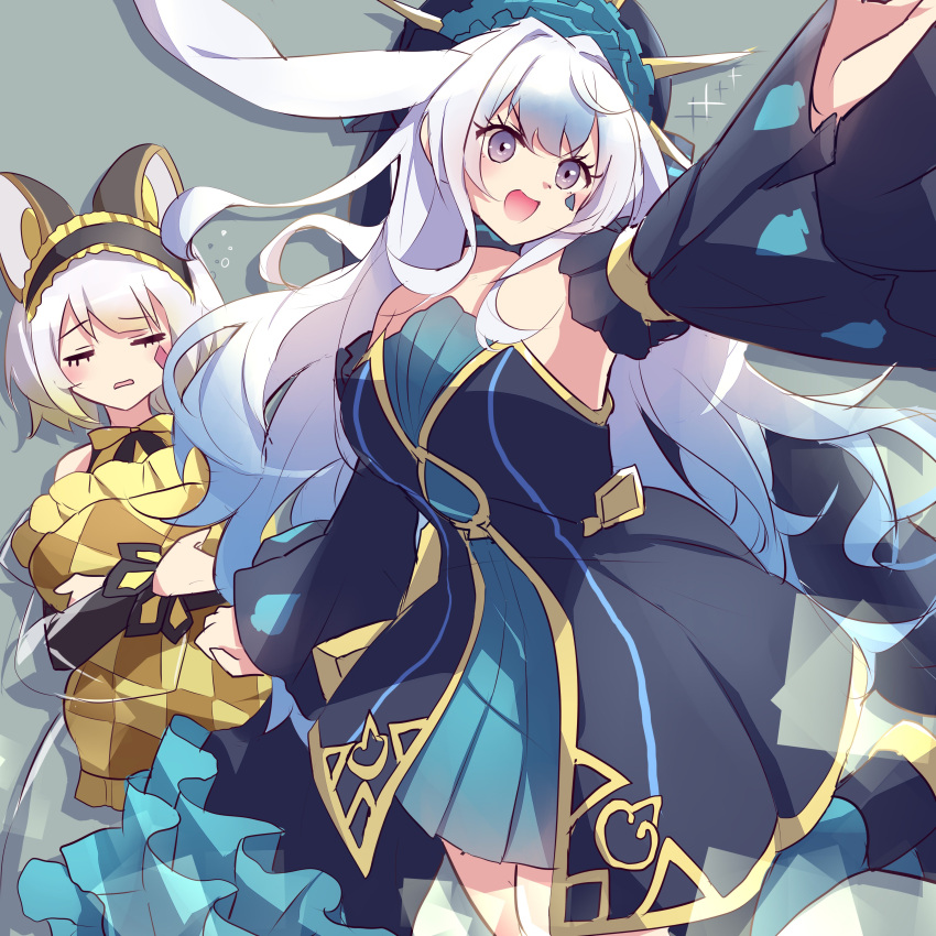 2girls, absurdres, alice_in_wonderland, animal_ears, bare_shoulders, checkered_clothes, detached_sleeves, diamond_facial_mark, dress, duel_monster, facial_mark, frilled_hairband, frills, hairband, highres, kanzakietc, long_hair, long_sleeves, maliss_<p>_dormouse, maliss_<p>_march_hare, mouse_ears, mouse_girl, multiple_girls, rabbit_ears, rabbit_girl, short_hair, simple_background, skirt, smile, spade_(shape), spade_tattoo, tattoo, yu-gi-oh!