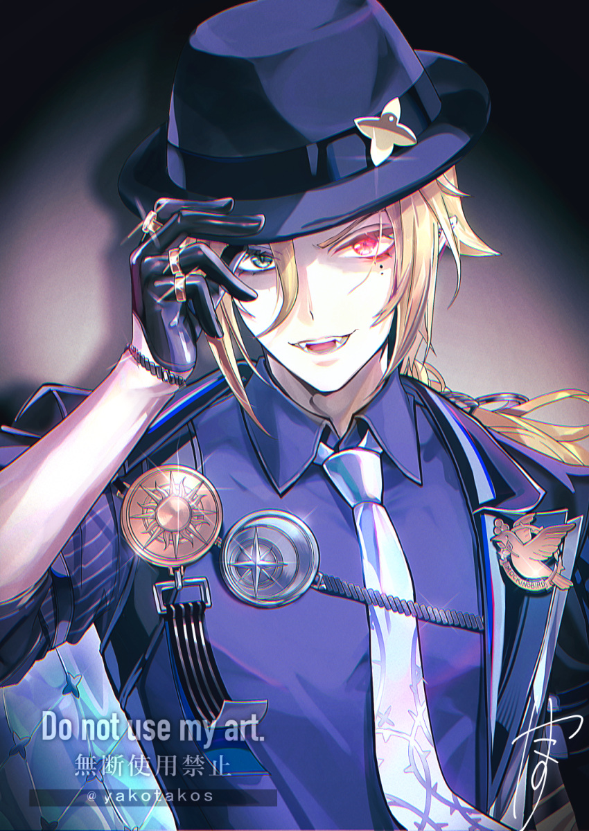 1boy, aratakosu_(tako's), black_gloves, blonde_hair, blue_bonnet, bonnet, collared_shirt, fedora