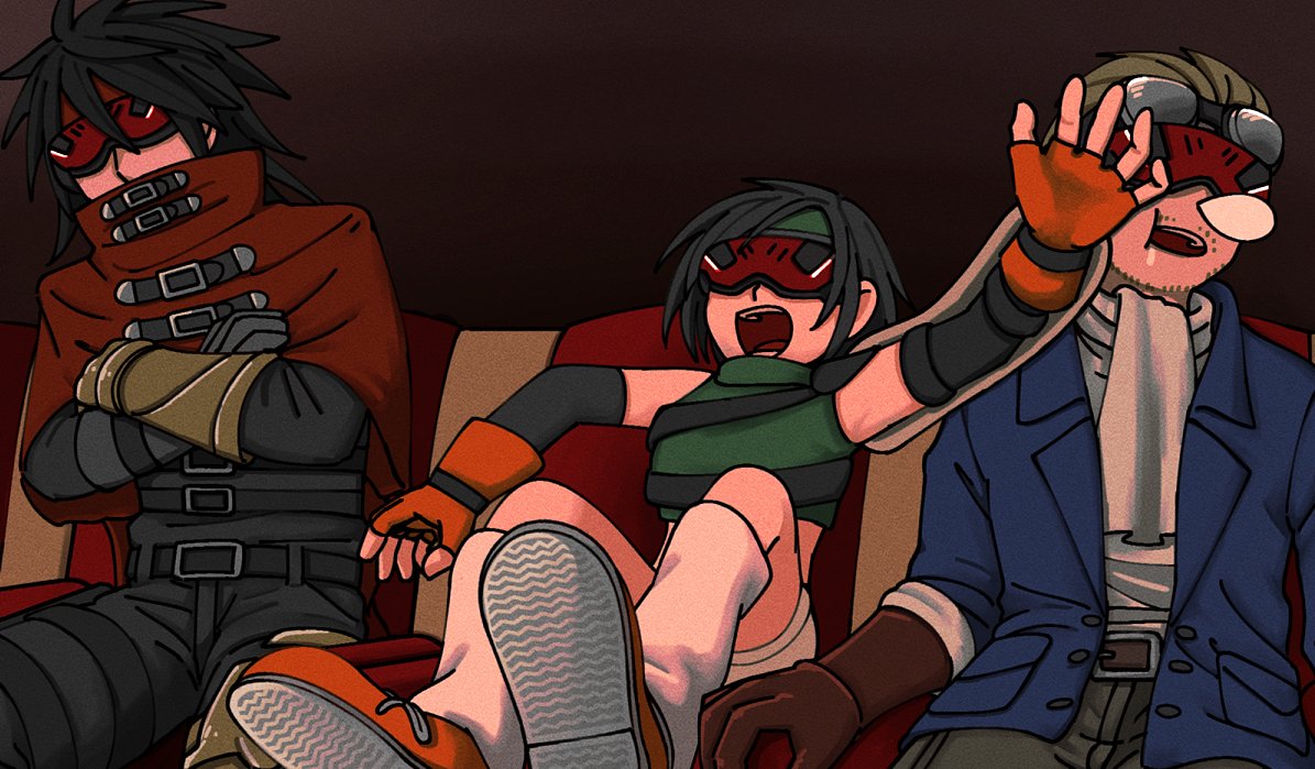 1girl, 2boys, belt, black_gloves, black_hair, black_pants, black_shirt, blonde_hair, blue_jacket, breasts, brown_gloves, chest_strap, cid_highwind, clawed_gauntlets, cloak, crop_top, drooling, elbow_gloves, facial_hair, final_fantasy, final_fantasy_vii, fingerless_gloves, gloves, goggles, goggles_on_head, green_headband, green_shirt, hair_between_eyes, head-mounted_display, headband, jacket, long_hair, loose_socks, medium_breasts, multiple_belts, multiple_boys, nose_bubble, open_mouth, orange_gloves, orange_shoes, pants, red_cloak, red_headband, s_m_man, shirt, shoes, short_hair, sitting, sneakers, socks, stubble, vincent_valentine, yuffie_kisaragi
