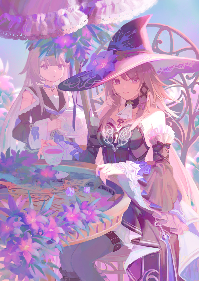 2girls, bare_shoulders, black_dress, chair, choker, closed_mouth, cup, detached_sleeves