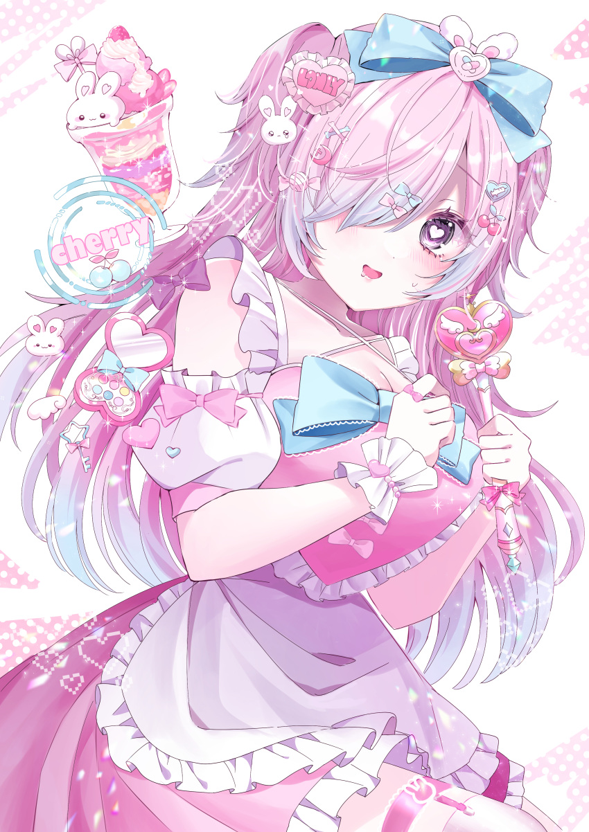 1girl, absurdres, apron, blush, bow, chibana_sora, dress, food, hair_bow, hair_ornament, hair_over_one_eye, heart, heart-shaped_pupils, heart_hair_ornament, highres, ice_cream, long_hair, looking_at_viewer, magical_girl, multicolored_hair, original, pastel_colors, pink_hair, solo, symbol-shaped_pupils, wand