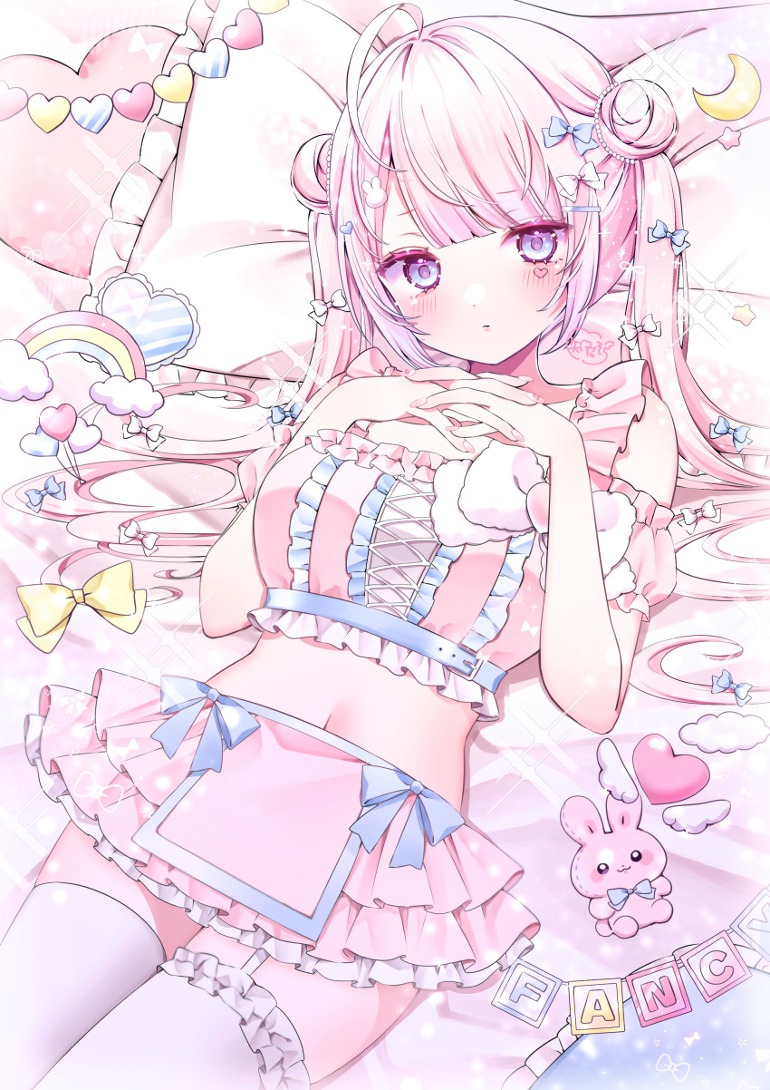 1girl, absurdres, blush, bow, chibana_sora, crop_top, double_bun, frills, hair_bow, hair_bun, heart, highres, long_hair, looking_at_viewer, lying, midriff, on_back, original, pillow, pink_hair, pink_skirt, skirt, solo, thigh-highs, twintails, violet_eyes, virtual_youtuber