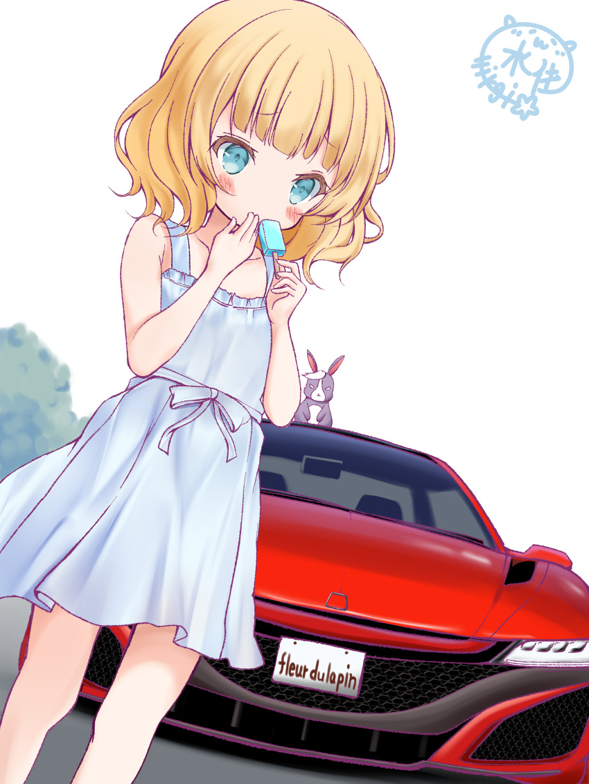 1girl, absurdres, acura_(brand), acura_nsx, aqua_eyes, artist_name, bare_arms, bare_legs