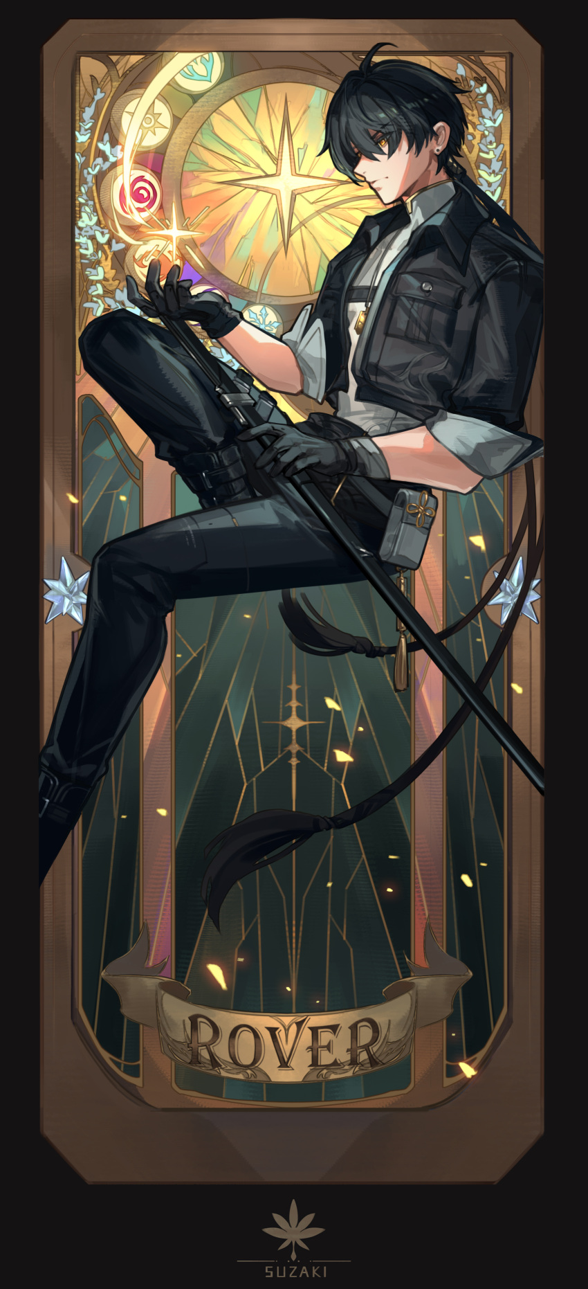 1boy, absurdres, ahoge, artist_name, black_gloves, black_hair, black_jacket, black_pants