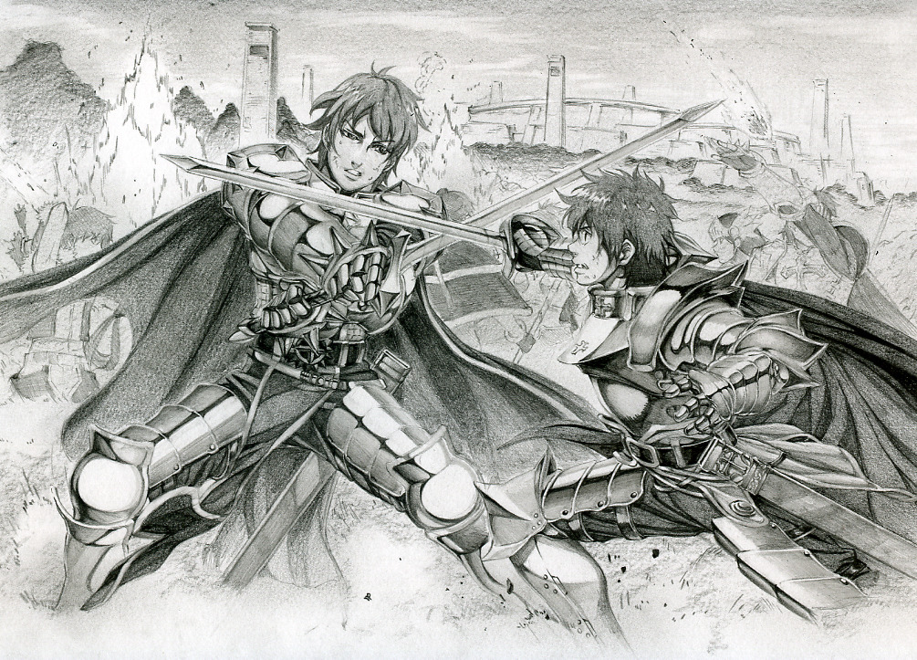 3girls, 4boys, armor, armored_boots, boots, breastplate, cape, chainmail