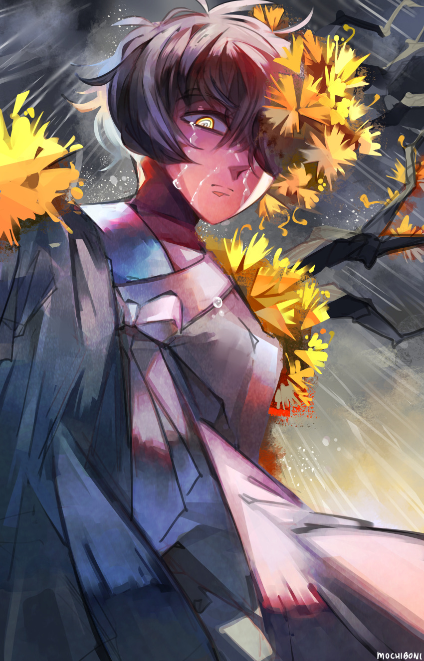 1boy, absurdres, black_hair, clouds, cloudy_sky, commission, crying, crying_with_eyes_open